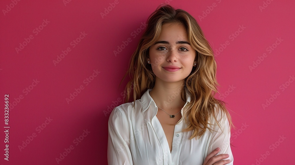 Sticker Young professional woman with a cheerful expression, posed against a vivid pink background