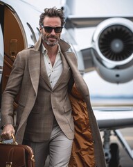 Handsome man in stylish business suit on the luxury jet background.