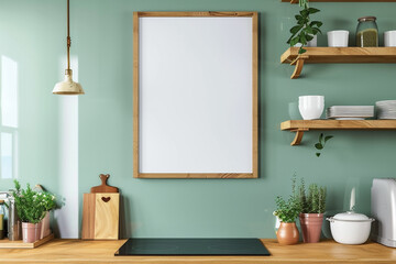 Extended format featuring tall vertical wooden blank frame mockups on minimalist wooden shelves, seaweed green kitchen wall.