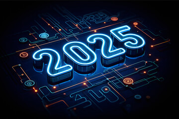 Neon Glow 3D 2025 New Year Illustration, Futuristic Digital Year 2025 Concept Art, Digital Art of the Year 2025, Stylized 2025 Numeric Graphic, Modern Neon Light Number Display, isometric