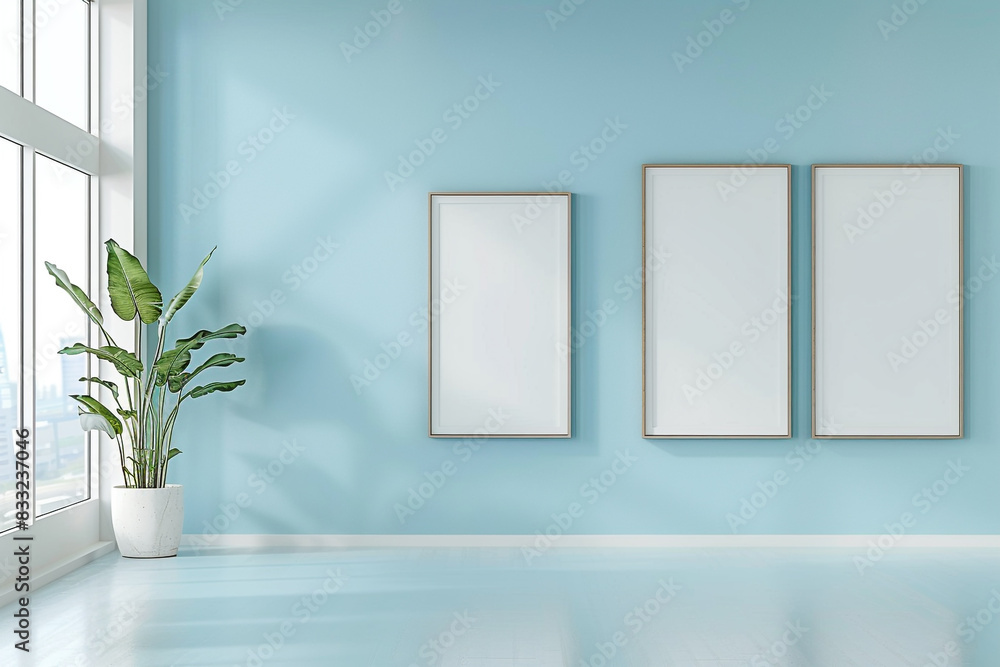 Poster wide empty blank frames enhance the serene atmosphere of a gallery space with a soft blue wall.