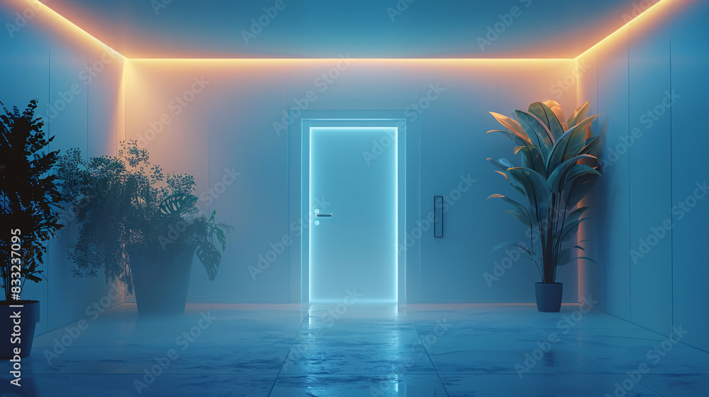 Poster A futuristic smart home entryway with AI-augmented reality interfaces for security and home management. The scene is designed with minimal colors and plenty of copy space, emphasizing the advanced