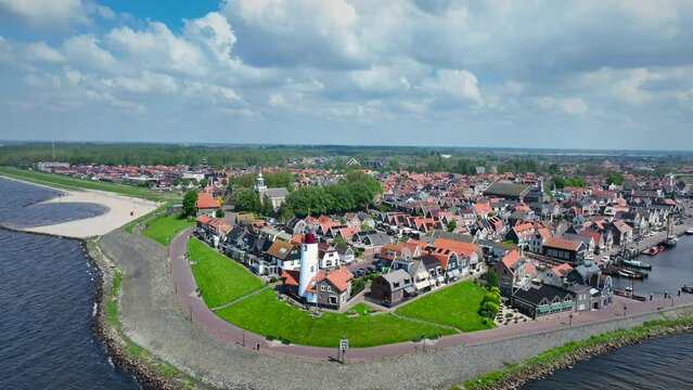 Urk former island in the Zuiderzee now at the Ijsselmeer shore with the lighthouse seen from above.
