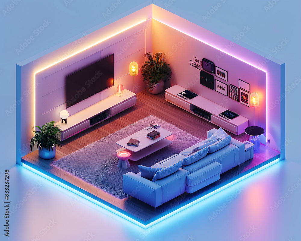 Poster an isometric view of a futuristic living room in an ai-augmented reality smart home, showcasing a mi