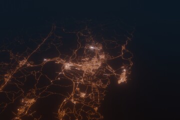Aerial shot of Ulsan (Korea) at night, view from south. Imitation of satellite view on modern city with street lights and glow effect. 3d render