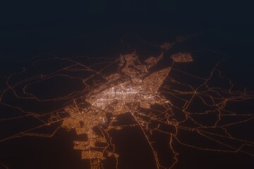 Aerial shot of Atyrau (Kazakhstan) at night, view from north. Imitation of satellite view on modern city with street lights and glow effect. 3d render