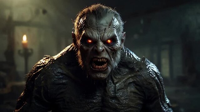 scary big monster with red eyes in the dark forest
