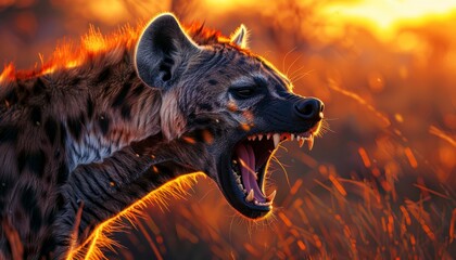 Close-up of a hyena in the African savanna at sunset with its teeth bared, capturing the wild essence of this predator