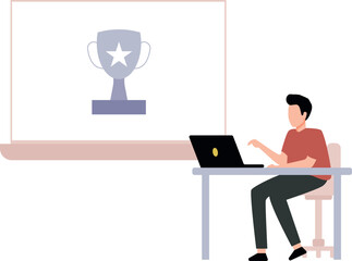 Boy works on laptop.