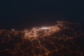 Aerial shot of Salalah (Oman) at night, view from north. Imitation of satellite view on modern city with street lights and glow effect. 3d render