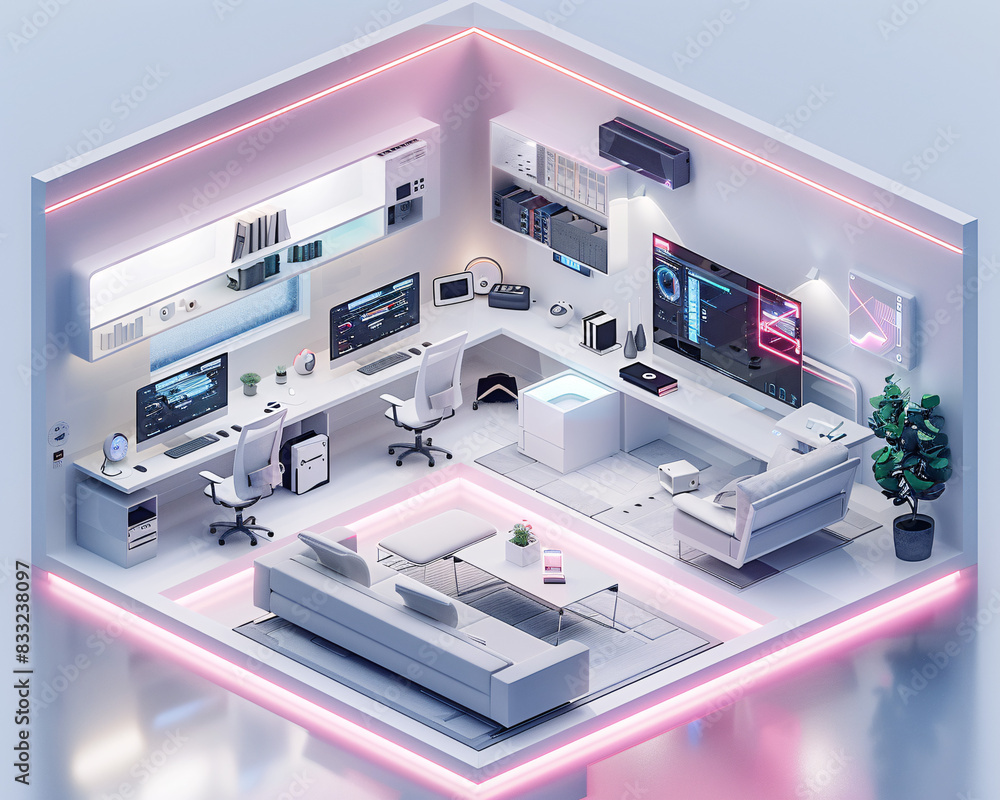 Poster a futuristic home office in an ai-augmented reality smart home, viewed isometrically with a minimal 