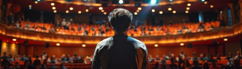 A man takes center stage at a theater, facing an audience in anticipation of a performance 