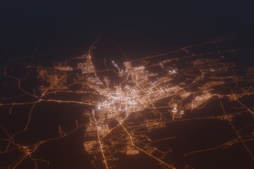 Aerial shot of Al Ain (UAE) at night, view from north. Imitation of satellite view on modern city with street lights and glow effect. 3d render