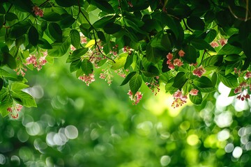 A canopy of fresh green leaves with clusters of small, vibrant flowers hanging from the branches - Powered by Adobe