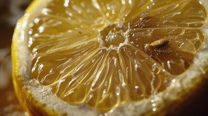 A vibrant yellow lemon sliced to display its pulp and seeds