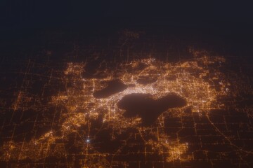 Aerial shot of Madison (Wisconsin, USA) at night, view from north. Imitation of satellite view on modern city with street lights and glow effect. 3d render