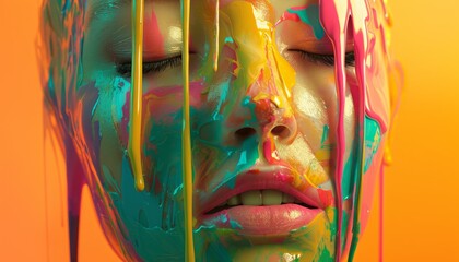 A creative 3D rendering of colorful paint dripping from a face, adding a vibrant and artistic touch to visual projects