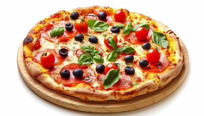 An image of a pizza isolated on a white background, perfect for food menus or culinary presentations
