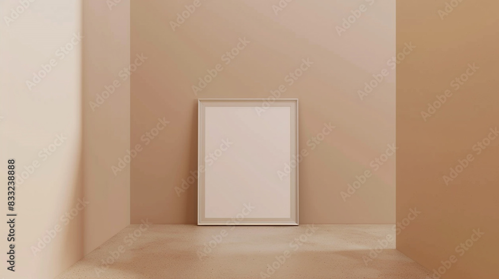 Poster minimalist corridor displays a small rectangular blank frame mockup on a beige wall, epitomizing sim