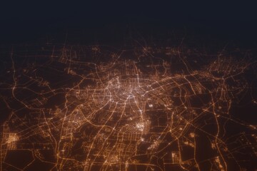 Aerial shot on Tianjin (China) at night, view from east. Imitation of satellite view on modern city with street lights and glow effect. 3d render