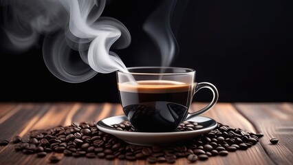 A steaming cup of black coffee on a saucer, surrounded by scattered coffee beans on a wooden surface. The steam rising from the cup creates a warm and inviting atmosphere