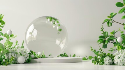 A blank podium showcase featuring a small globe with green foliage and flowers on one side