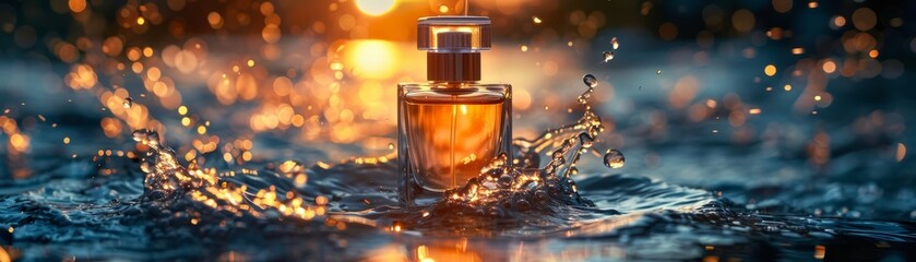 A luxurious perfume bottle amidst a splash of water droplets