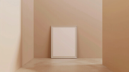 Minimalist corridor displays a small rectangular blank frame mockup on a beige wall, epitomizing simplicity.