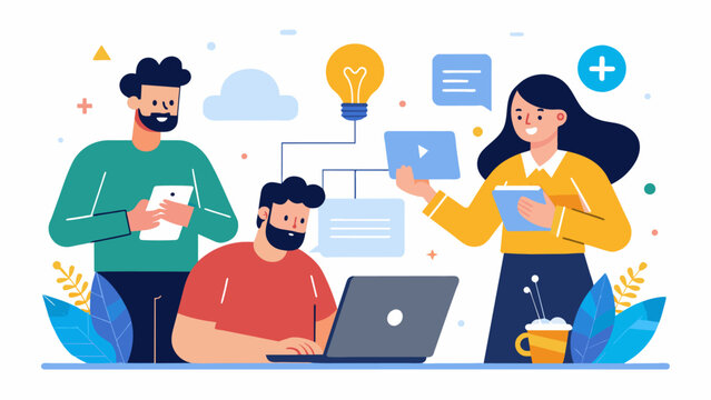 With the help of a graphic designer the team brainstorms ideas for revamping the churchs website to make it more visually appealing and userfriendly. Vector illustration