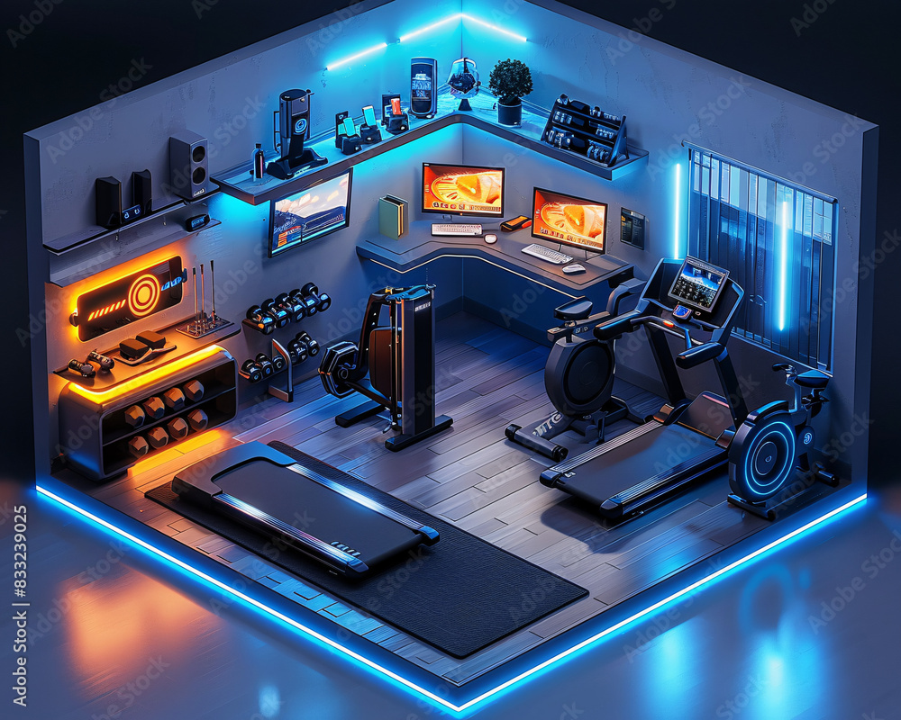 Poster a cutting-edge smart home gym, presented in an isometric view with a minimal color palette. the ai-e