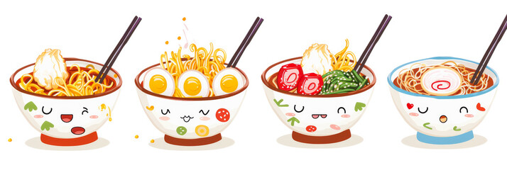 Ramen set, Japanese noodles food, Udon, Soba, Ramen set on white background.