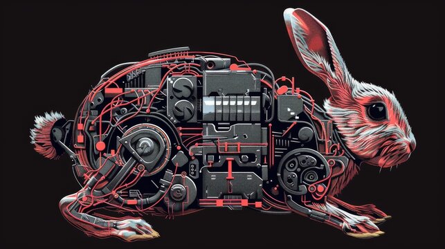 recommend clip art: robotic running rabbit interface icon, VR neon style in bold outlines for visual impact. Created Using: neon flat design, chunky outlines, diverse tech items, fun and functional design, stark contrast