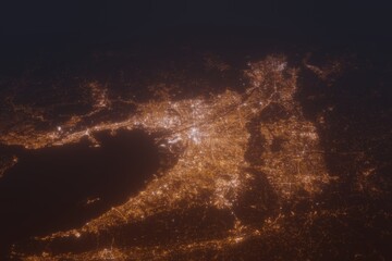 Aerial shot of Osaka (Japan) at night, view from south. Imitation of satellite view on modern city with street lights and glow effect. 3d render