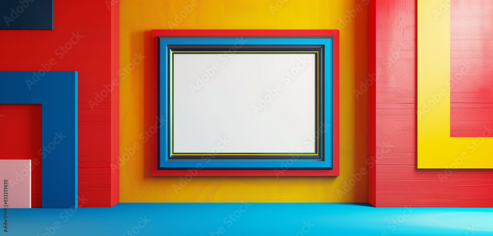 Poster wide panorama in a pop art gallery with a colorful and bold empty picture frame.