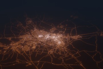 Aerial shot of Aktobe (Kazakhstan) at night, view from north. Imitation of satellite view on modern city with street lights and glow effect. 3d render