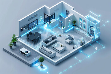 The interior of a futuristic smart home, depicted in an isometric style, highlights AI-driven management systems for various home components. The clean, minimal color scheme and generous copy space