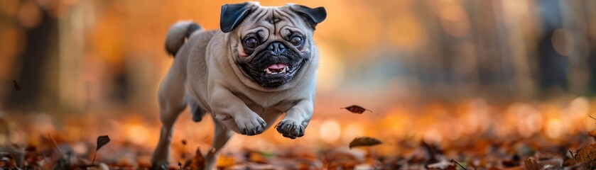 Obraz premium A closeup half body of a charismatic Pug running after a toy in the yard, colorful Strange Bizarre sharpen blur background with copy space