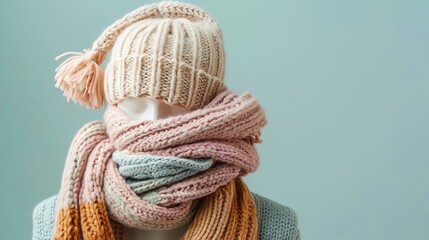 A wool hat mockup in a pastel color, displayed on a mannequin head with a scarf and gloves