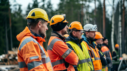 A group of construction workers in protective clothing at a construction site. Workers in hard hats work at the site. Construction concept, workers.