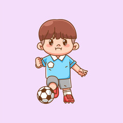 Cute soccer player play ball kawaii chibi character mascot illustration outline style design
