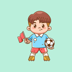 Cute soccer player kawaii chibi with ball and flag character mascot illustration outline style design