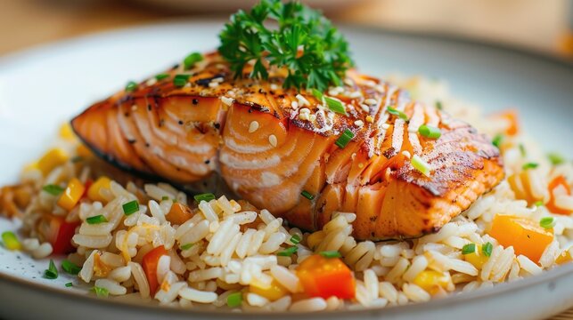 Fried rice topped with salmon