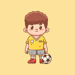 Cute soccer player stand with ball kawaii chibi character mascot illustration outline style design