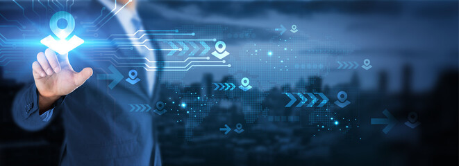 Hand touching global network connection on a digital interface, integrating GIS technology, enhancing data visualization, mapping, and spatial analysis, revolutionizing technology 