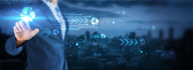Hand touching global network connection on innovation, progress, sustainability, digital transformation, smart cities, and renewable energy, recycling technology for a futuristic world with no limits.