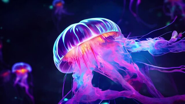 neon jellyfish on the ocean floor, Marine life