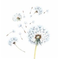 Watercolor painting of dandelion seeds floating and dispersing in the air, on isolated white background, Generative AI