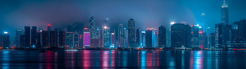 Obraz premium Night view of a modern city skyline with neon lights reflecting on the water. Copy space. Generative AI 