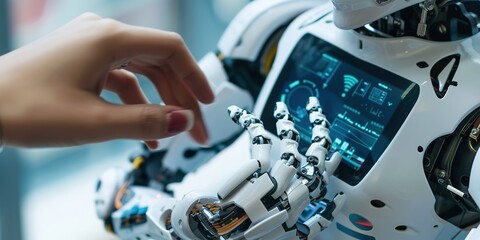 Human hand touching advanced robot arm, symbolizing AI-human int