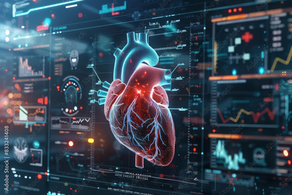 Poster a hightech depiction of a human heart displayed on multiple digital screens with intricate details a